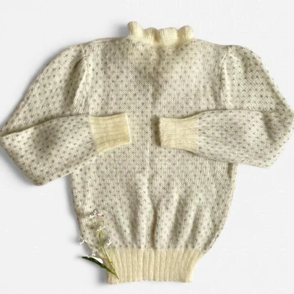 Vintage ivory & gray fuzzy ruffle neck sweater - Picture 2 of 8
